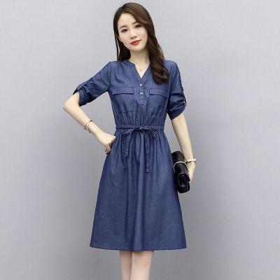 ĐẦM JEAN DENIM DÁNG XÒE CỔ V RÚT EO - N09